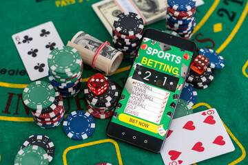 Online Poker casino banner with a mobile phone, chips, playing cards and dice. Marketing Luxury...