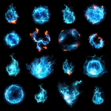 A mystical collection of blue firebolts and magical spell lights, isolated on a black background. Generative AI illustration