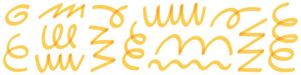 Fototapeta premium yellow Doodle spirals with abstract lines, with brush and markers. Hand drawn textures and spiral elements form icon set. Flat vector illustration isolated on white background.
