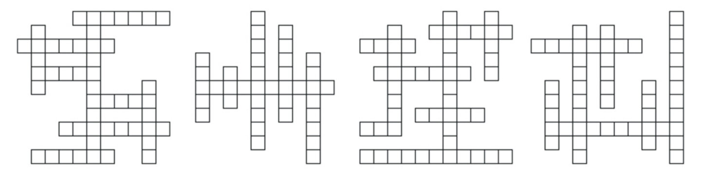 Crossword puzzle, word game. Cross and blank grid pattern, a brain teaser for newspaper quizzes. Flat vector illustrations isolated in background.