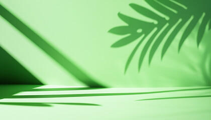 Abstract studio green background for product presentation. Empty room with shadows of window and flowers and palm leaves . 3d room with copy space. Summer concert. backdrop. beauty product placement.
