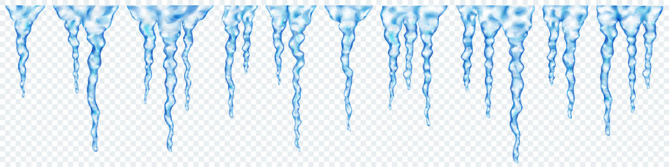 Groups of translucent blue realistic icicles of different lengths, connected at the top, isolated on transparent background. Transparency only in vector format