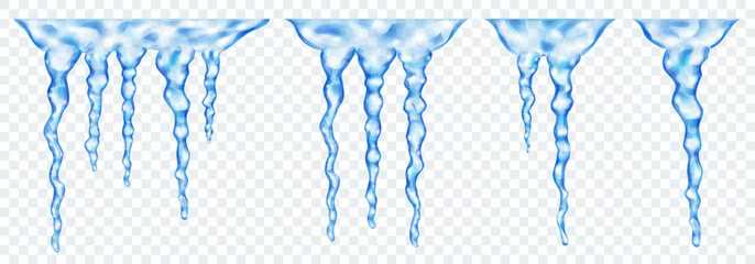 Groups of translucent blue realistic icicles of different lengths, connected at the top, isolated on transparent background. Transparency only in vector format - obrazy, fototapety, plakaty
