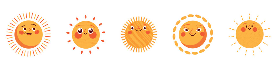 Sun character, cute and smiling, sunny summer. Childish cartoon sticker, hand drawn face, children's doodles. Flat vector illustrations isolated in background.