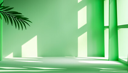 Abstract studio green background for product presentation. Empty room with shadows of window and flowers and palm leaves . 3d room with copy space. Summer concert. backdrop. beauty product placement.