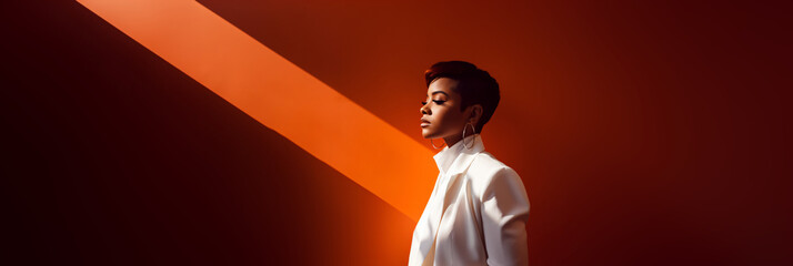 portrait of a cool and modern black woman in front of a orange wall background