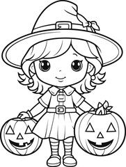  hand drawn flat Halloween cute girl with pumpkin a illustration