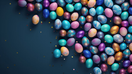 Many colorful easter eggs on dark copysapce background. Chocolate candy in studio