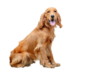 Portrait of a sitting brown english cocker spaniel looking at camera. A beautiful brown haired dog. Pet on a walk. Walking outdoors. Young purebred animal. Open mouth with pink tongue. On a leash