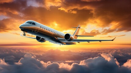 A luxurious private jet takes off in the dark sky at the end of the day.