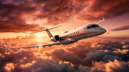 A luxurious private jet takes off in the dark sky at the end of the day. - obrazy, fototapety, plakaty