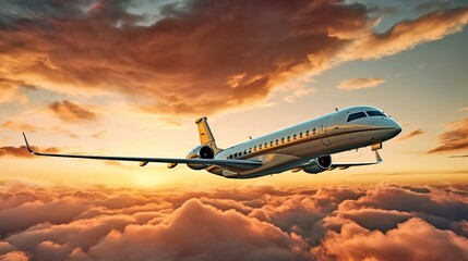 A luxurious private jet takes off in the dark sky at the end of the day.