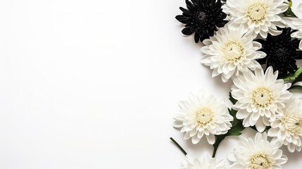 Chrysanthemums with Black Ribbon on White Background, Top View with Text Space