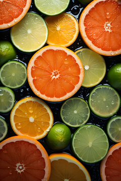 Top down view of assorted citrus fruits including grapefruit, oranges and limes.