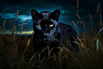 A black panther crossing a grass field in the moon light at night