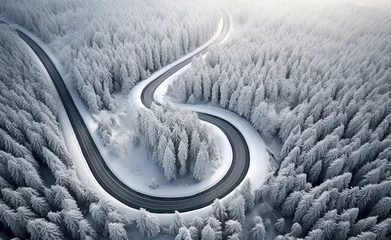 Fototapeten Hermoso Paisaje aereo invernal de un bosque de pinos nevado y una carretera con curvas. ilustracion de ia generativa © Helena GARCIA