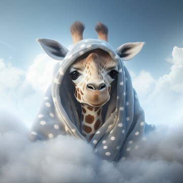 jirafa con manta azul entre nubes y cielo azul.ilustracion de ia generativa