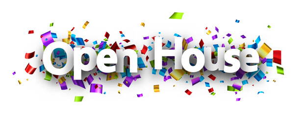 Sign with colorful cut out ribbon confetti background. Design element. Vector illustration.