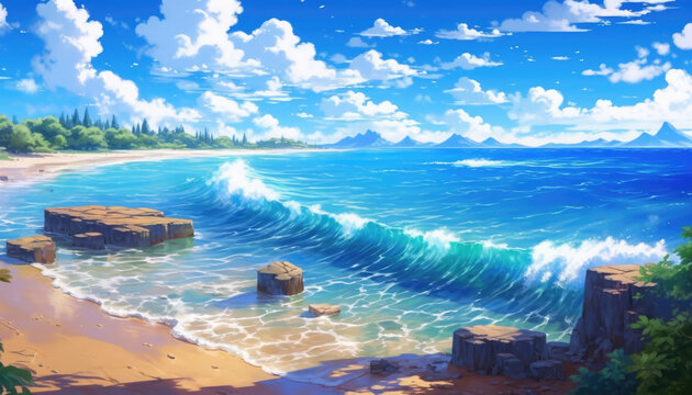 Beautiful view from ground landscape sandy beach with stone shore and wavy sea. Trees and plants, mountains on horizon and cloudy vivid blue sky.