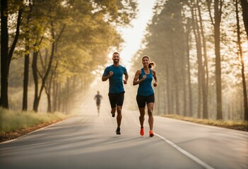 Couple of adults enjoying a morning run in the woods together, healthy lifestyle and longevity