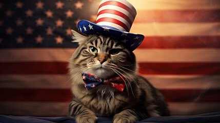 A patriotic cat wearing a hat and