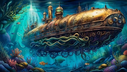 cyborg submarine, living sub half organic half metal ship - obrazy, fototapety, plakaty