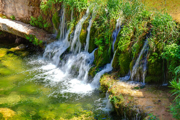 Salto de agua entre hierba y musgo verde