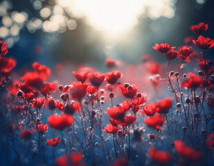 Beautiful natural floral background with field full of flowers in bloom