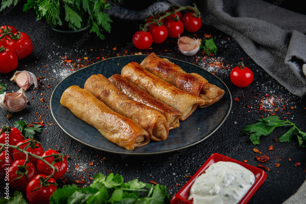 Sticker Tasty stuffed pancakes rolls crepes with meat on a dark background. Savory pancake with ground meat, rice and fried onion.