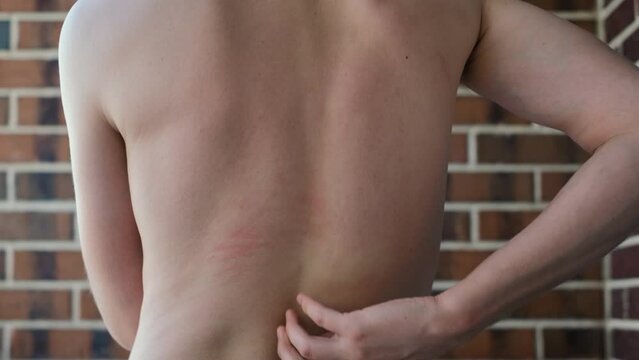 Man scratching his back with his hand, back view