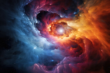 Birth of a new star inside a multicolored nebula of colorful clouds of gas and cosmic dust. Abstract space background