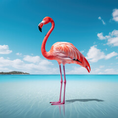  A pink flamingo with a turquoise ocean backdrop.
