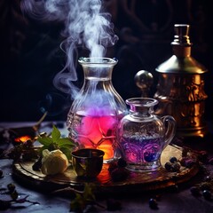 Enchanting witchcraft potion table scene with light smoke, Generative AI