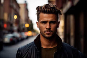Blond man with a fresh scissor cut hairstyle stands in the city, closeup