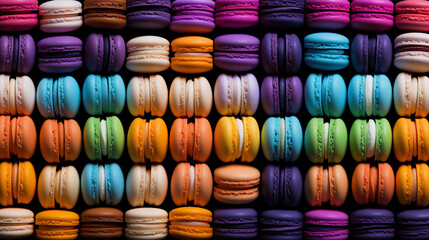 Colorful french macarons background, close up. Generative AI