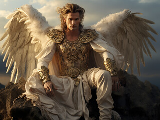 Portrait depiction of an elegant male angel with wings on top of a hill. Radiant beauty from an angel of unrivaled radiance. Human with wings or angel.