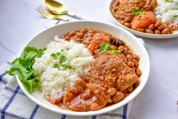 Chicken Massaman curry with rice, top view ,thai cuisine