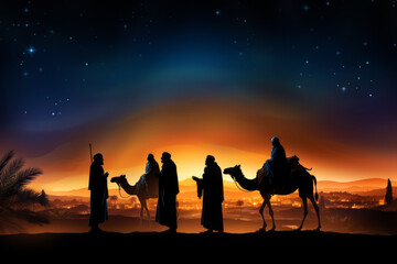 Silhouettes of Christian Christmas nativity scene, with the three wise men