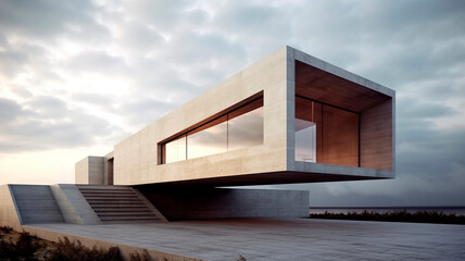 An elegantly simplistic concrete edifice characterized by its refined contours and sleek facades, exuding a sense of pure serenity, Generative AI