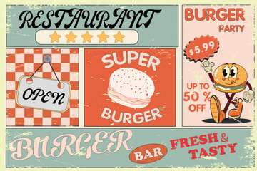 Fast food restaurants and diners retro signs collection. Burger posters and vector design elements.  Vintage hamburger poster or advertisement. Vector illustration © Oksana Kalashnykova
