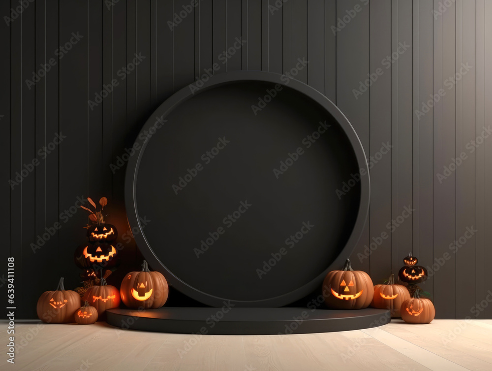 Poster Halloween background with podium copy space for product display. 3D rendering Generative ai