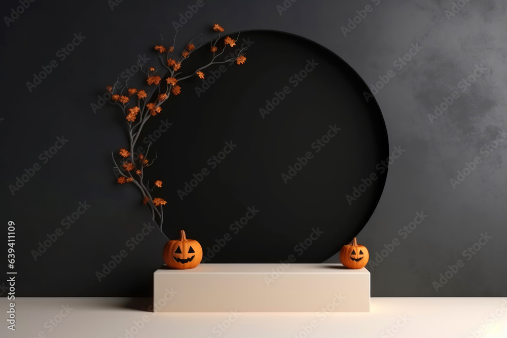 Poster Halloween background with podium copy space for product display. 3D rendering Generative ai