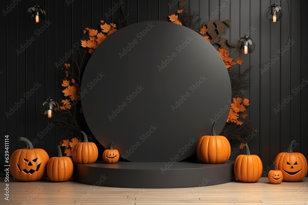 Poster Halloween background with podium copy space for product display. 3D rendering Generative ai