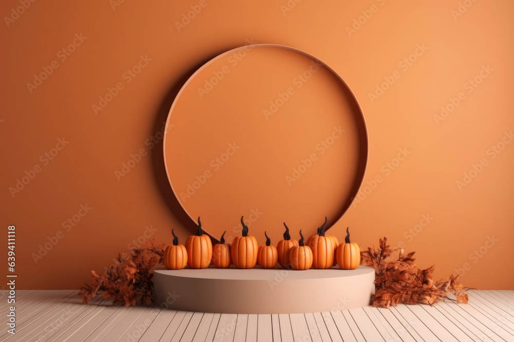 Poster Halloween background with podium copy space for product display. 3D rendering Generative ai