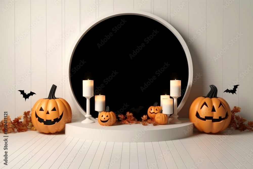 Poster Halloween background with podium copy space for product display. 3D rendering Generative ai