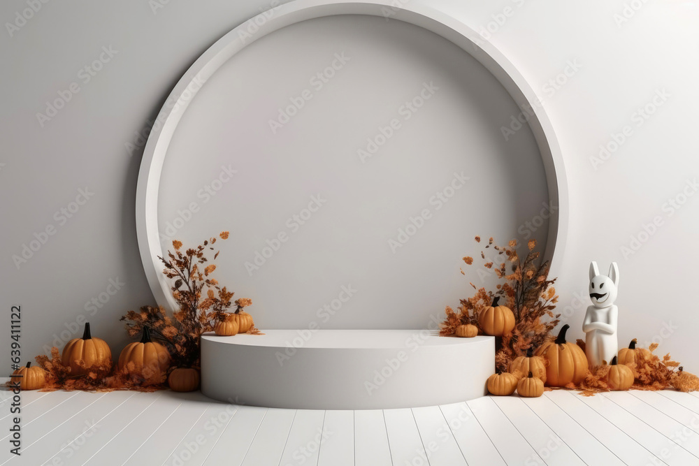Poster halloween background with podium copy space for product display. 3d rendering generative ai