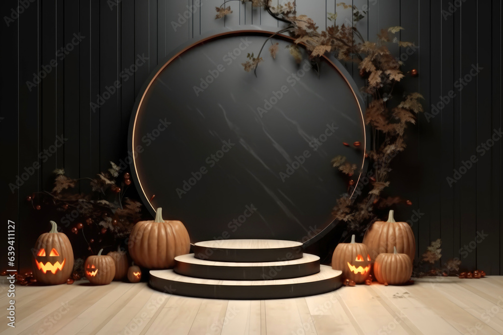 Poster halloween background with podium copy space for product display. 3d rendering generative ai