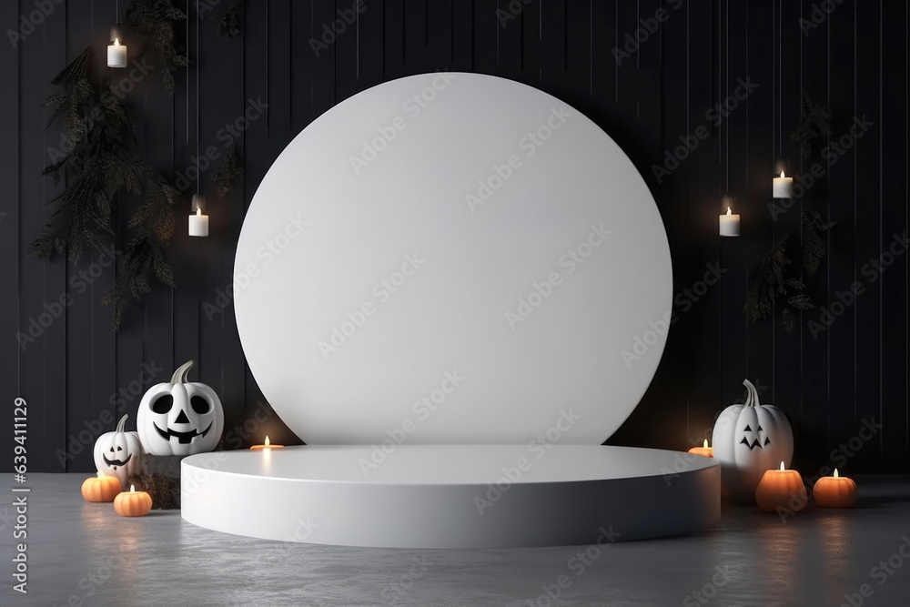 Poster Halloween background with podium copy space for product display. 3D rendering Generative ai