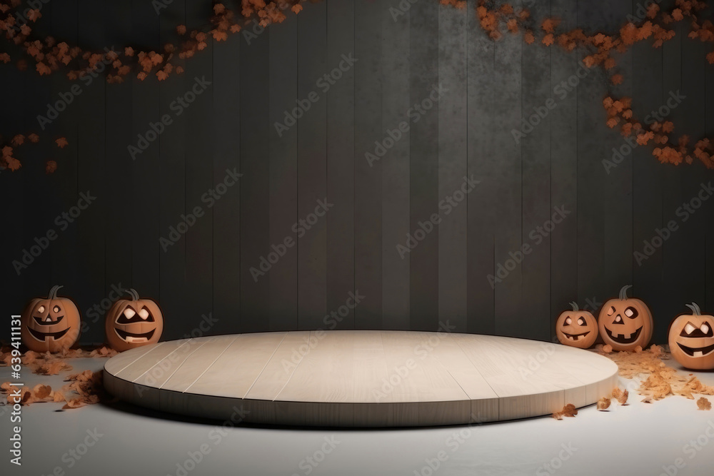 Poster Halloween background with podium copy space for product display. 3D rendering Generative ai