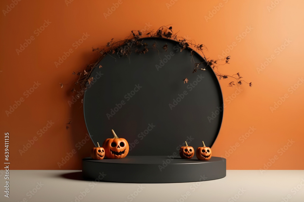 Poster halloween background with podium copy space for product display. 3d rendering generative ai